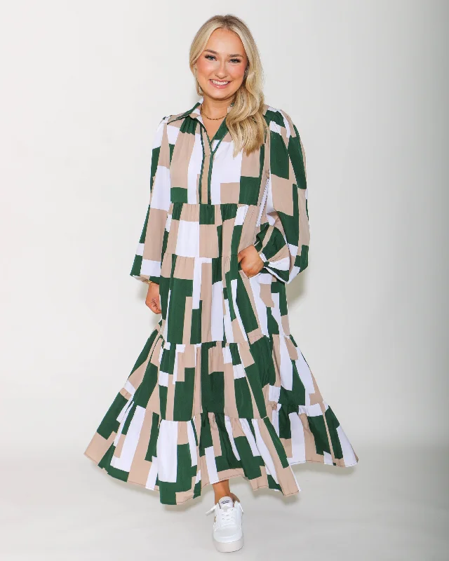 Abstract Print Green Print Maxi Dress Stylish Empire Waist Maxi Dress