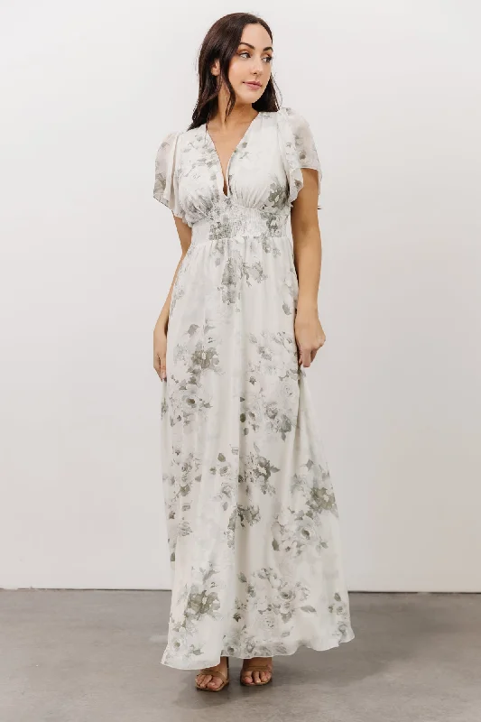 Alexandria Smocked Maxi Dress | Dusty Sage Floral Stylish Maxi Dress with Frills