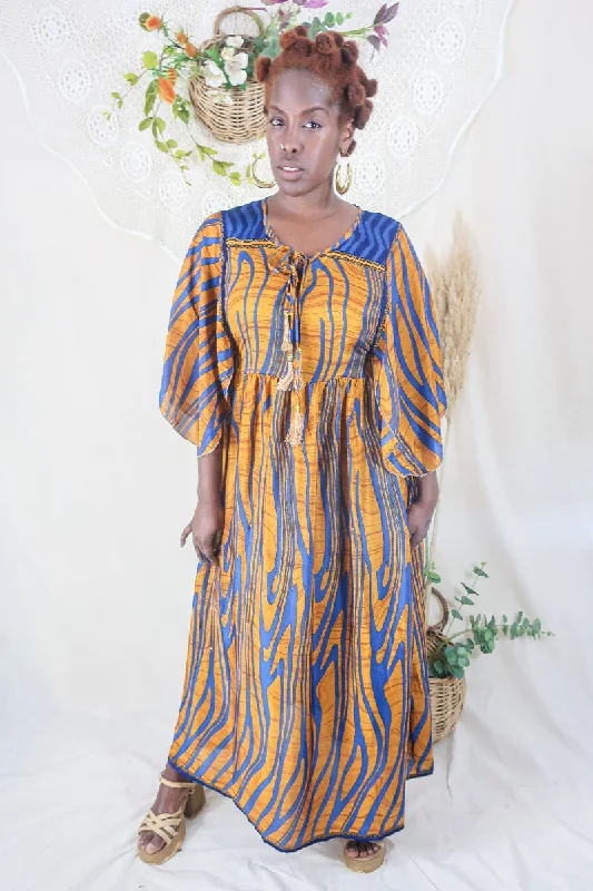 Angelica Maxi Dress - Vintage Sari - Amber & Blue Waves - Free Size M/L Fashionable Off-Shoulder Maxi Dress Angelica Maxi Dress - Vintage Sari - Amber & Blue Waves - Free Size M/L Fashionable Off-Shoulder Maxi Dress