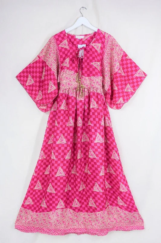 Angelica Maxi Dress - Vintage Sari - Checkerboard Pink - Free Size M/L Stylish Pleated A-Line Maxi Dress Angelica Maxi Dress - Vintage Sari - Checkerboard Pink - Free Size M/L Stylish Pleated A-Line Maxi Dress