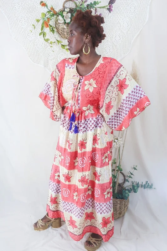 Angelica Maxi Dress - Vintage Sari - Coral & Cream Floral - Free Size L/XL Comfortable Maxi Dress with Sleeves Angelica Maxi Dress - Vintage Sari - Coral & Cream Floral - Free Size L/XL Comfortable Maxi Dress with Sleeves
