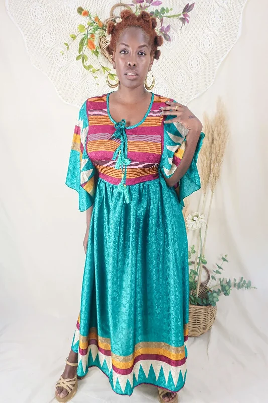 Angelica Maxi Dress - Vintage Sari - Jade & Mulberry Stripes - Free Size L/XL Elegant Tiered Maxi Dress Angelica Maxi Dress - Vintage Sari - Jade & Mulberry Stripes - Free Size L/XL Elegant Tiered Maxi Dress