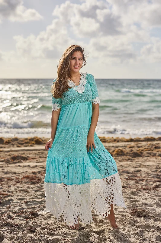AW-125 Aqua cotton/Lace Dress New Arrival