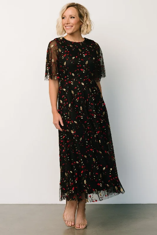 Arabella Embroidered Tulle Maxi Dress | Black + Red Stylish Long Sleeve Maxi Dress