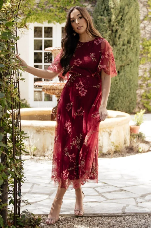 Arabella Embroidered Tulle Maxi Dress | Burgundy Floral Comfortable Ruffle Maxi Dress