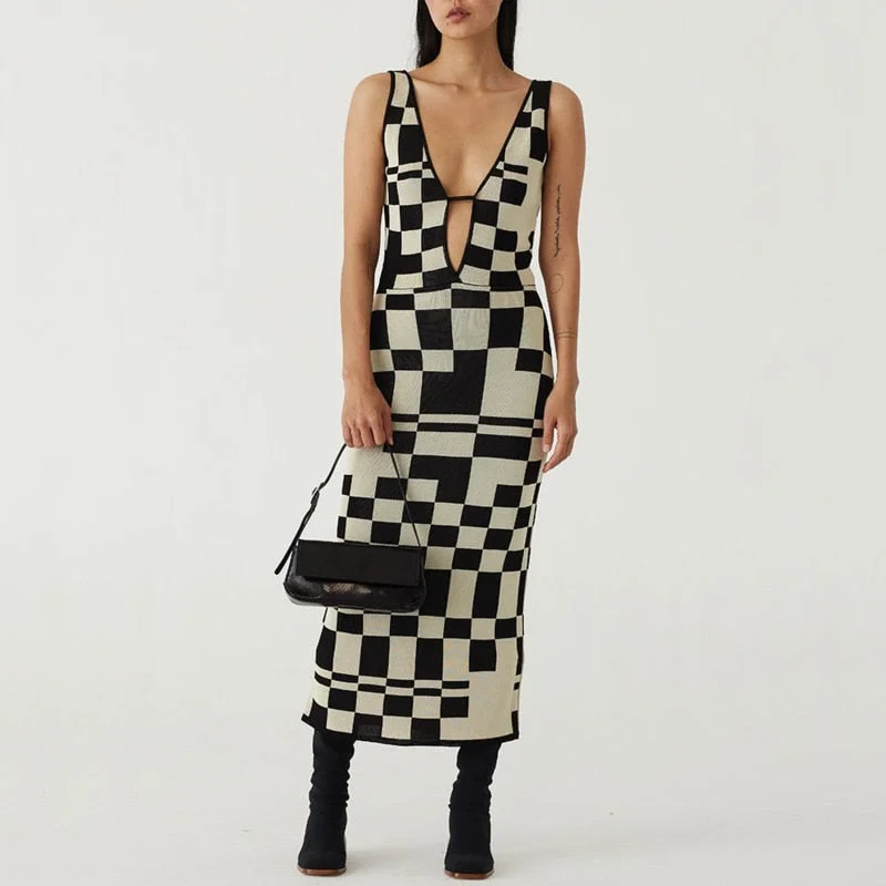 Amy Fashion - Plaid Print Spaghetti Strap Hollow Out Vestidos Dresses
