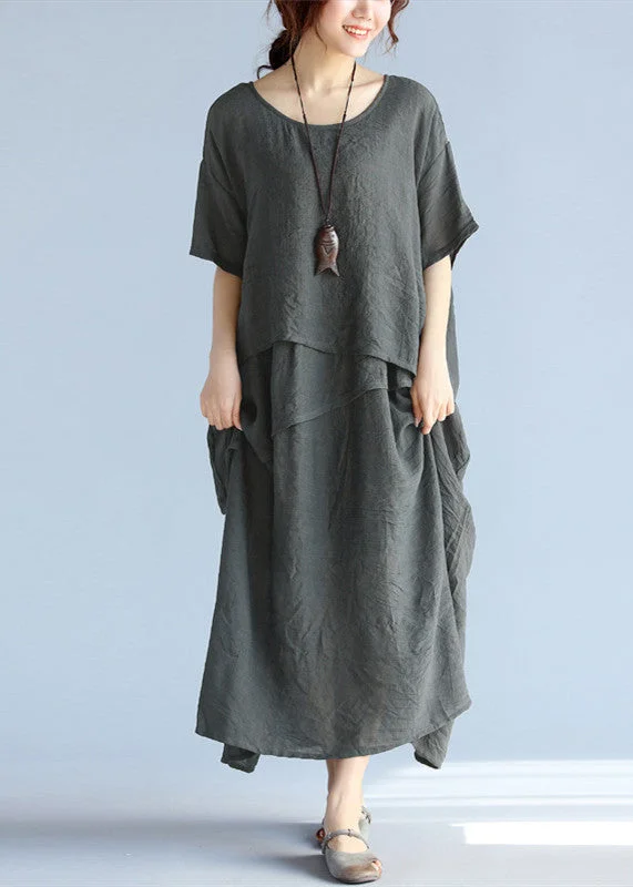 baggy gray long linen dresses oversized layered cotton maxi dress vintage short sleeve cotton clothing Comfortable Ruffle Hem Maxi Dress