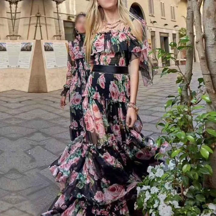 KittenAlarm - Bailey Floral Ruffle Maxi Dress Comfortable Plunging Neckline Maxi Dress