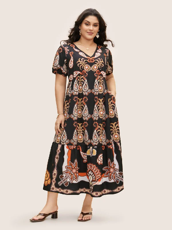 Bandana Print Lantern Sleeve Maxi Dress Fashionable Chiffon Tiered Maxi Dress