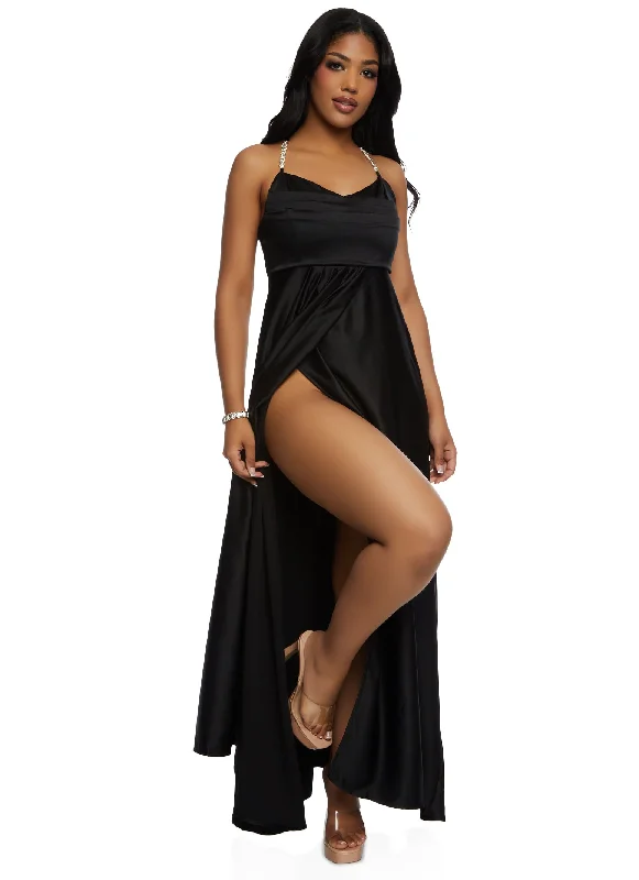 Haute Monde Rhinestone Strap Satin Maxi Dress Stylish Longline Maxi Dress