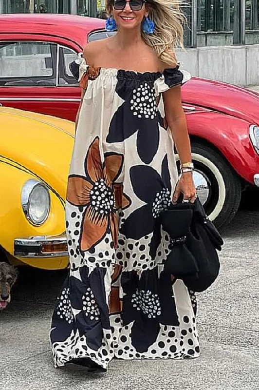 Bloom Season Linen Blend Floral Printed Off Shoulder Pocketed A-line Maxi Dress Comfortable Casual Maxi Dress