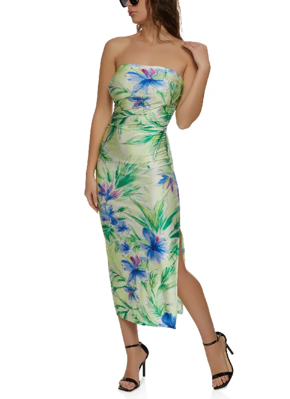 Haute Monde Floral Split Hem Strapless Maxi Dress Elegant Maxi Dress with Drapes