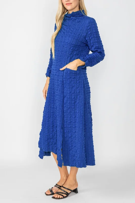 Blue Mock Neck W/ Shirring Front Slit Uneven Hem 3/4 Sleeve Maxi Dress Stylish Longline Maxi Dress