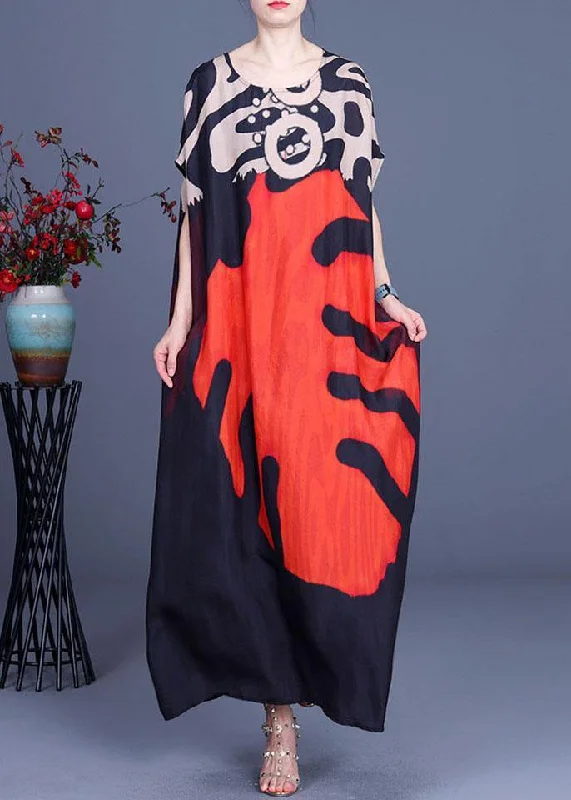 Bohemian Red Print O-Neck Silk Summer Maxi Dresses Elegant Maxi Dress with Drapes