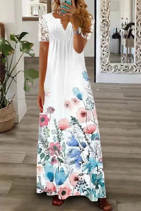 Boho Floral V Neck Button Lace Sleeve Holiday Beach Maxi Dress Elegant Sleeveless Maxi Dress Boho Floral V Neck Button Lace Sleeve Holiday Beach Maxi Dress Elegant Sleeveless Maxi Dress