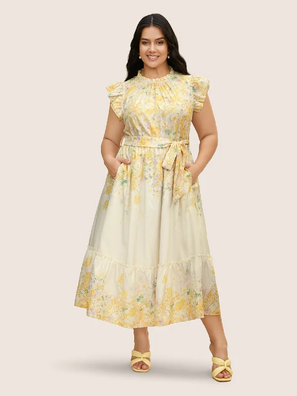 Boho Print Mock Neck Ruffle Cap Sleeve Dress