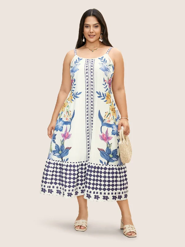 Boho Print Patchwork Ruffle Hem Cami Dress