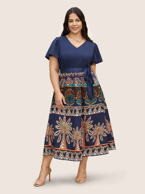 Boho Print Patchwork Ruffle Sleeve Dress