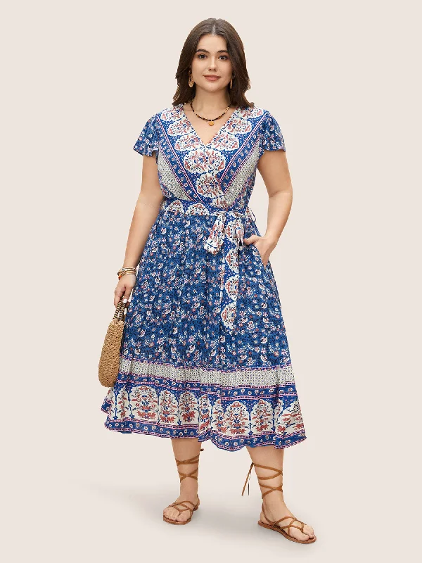 Boho Print Surplice Neck Belted Dress