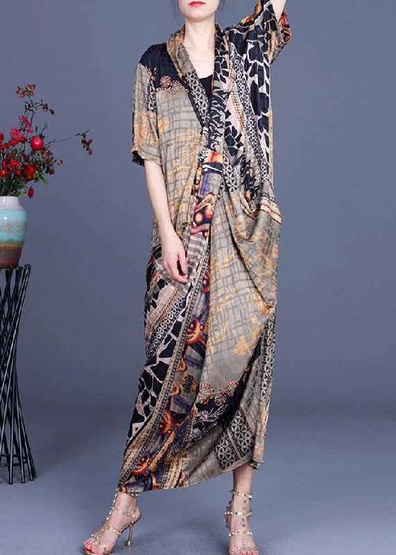 Boutique Khaki Print Overlapping Asymmetrical Design Chiffon Summer Maxi Dress Fashionable Maxi Dress with Fringe