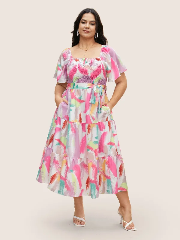 Brush Print Shirred Gathered Belted Dress