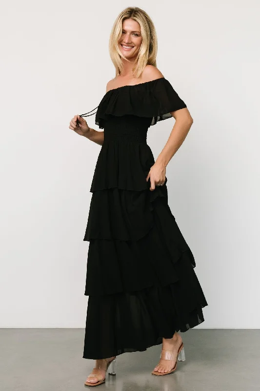 Carina Off Shoulder Maxi Dress | Black Fashionable Faux Wrap Maxi Dress