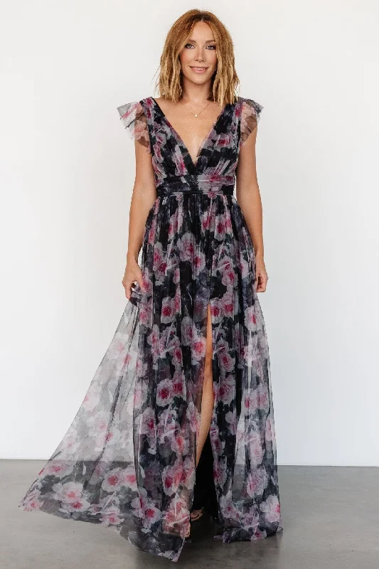 Carmine Maxi Dress | Black Floral Comfortable Maxi Dress with Sleeves