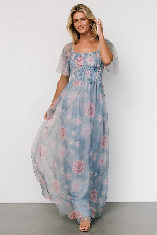 Cassandra Tulle Maxi Dress | Light Blue + Pink Floral Cozy Spaghetti Strap Maxi Dress