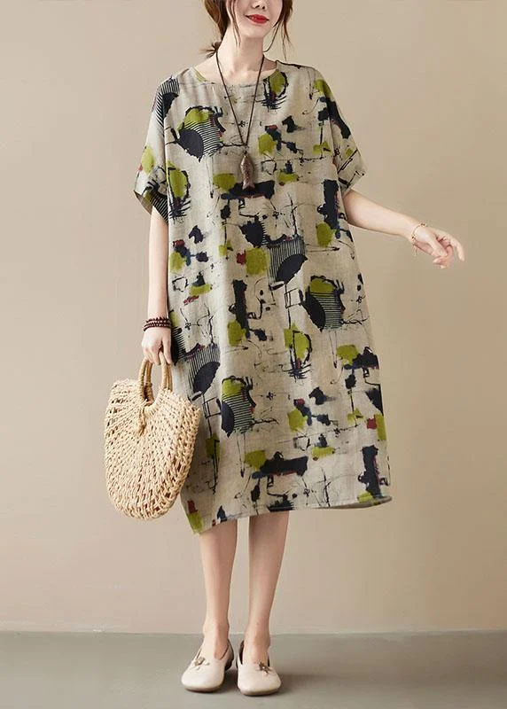 Classy Khaki Print O-Neck Pockets Summer Maxi Dresses Half Sleeve Chic Button-Up Maxi Dress