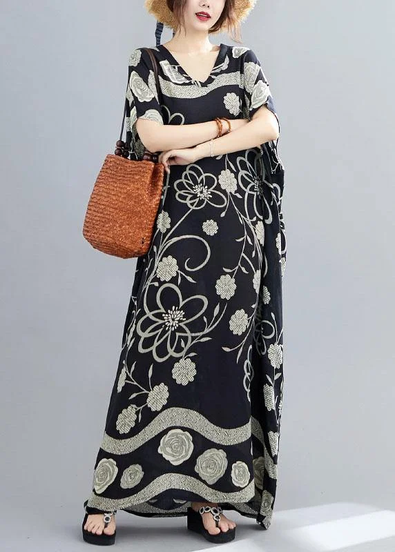 Comfy Black Bat Wing Sleeve Print V Neck Summer Cotton Maxi Dresses Comfortable Ruffle Maxi Dress