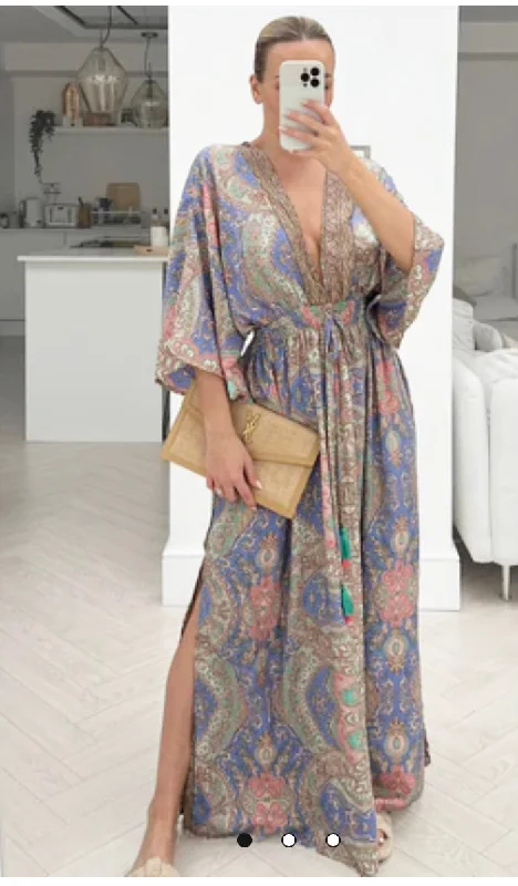 PAISLEY BLUE KAFTAN V NECK DRESS