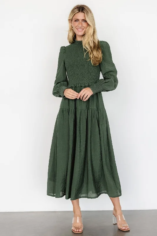 Daria Smocked Maxi Dress | Juniper Green Stylish Maxi Dress with Frills