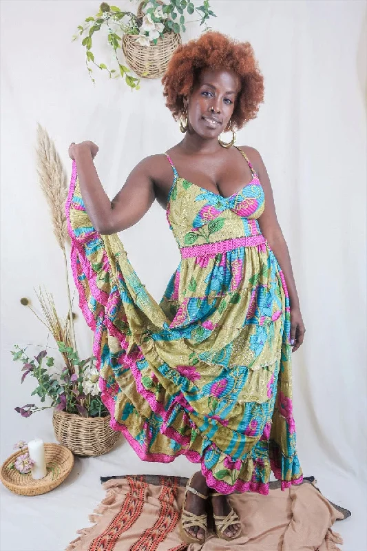 Delilah Maxi Dress - Antique Gold, Fuchsia & Sky Flowers - Vintage Sari - Free Size S/M Comfortable Maxi Dress with Sleeves