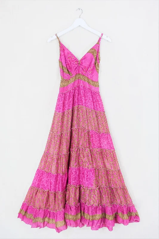 Delilah Maxi Dress - Barbie Pink & Bronze Patchwork - Vintage Sari - Free Size M/L Stylish Off-Shoulder Maxi Dress Delilah Maxi Dress - Barbie Pink & Bronze Patchwork - Vintage Sari - Free Size M/L Stylish Off-Shoulder Maxi Dress