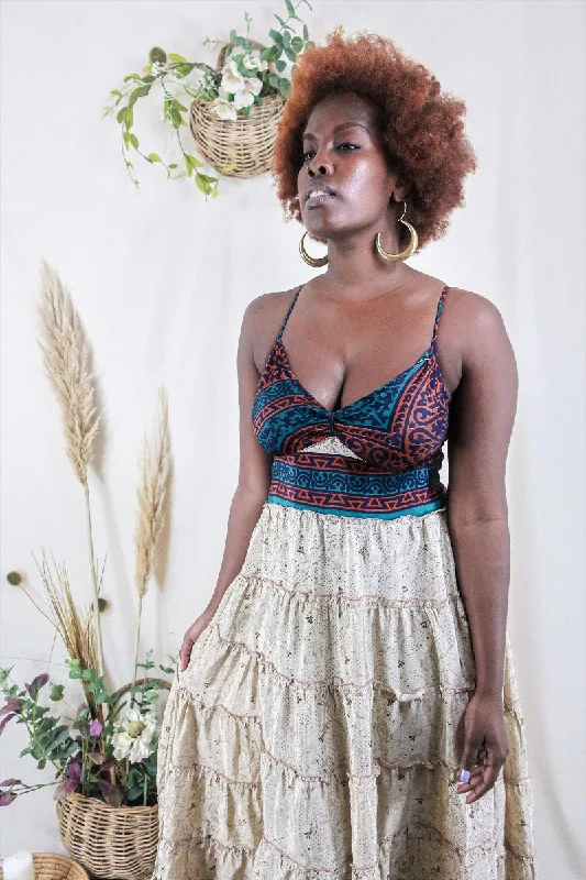 Delilah Maxi Dress - Retro Beige & Teal - Vintage Sari - Free Size L Trendy Maxi Dress with Belt Delilah Maxi Dress - Retro Beige & Teal - Vintage Sari - Free Size L Trendy Maxi Dress with Belt