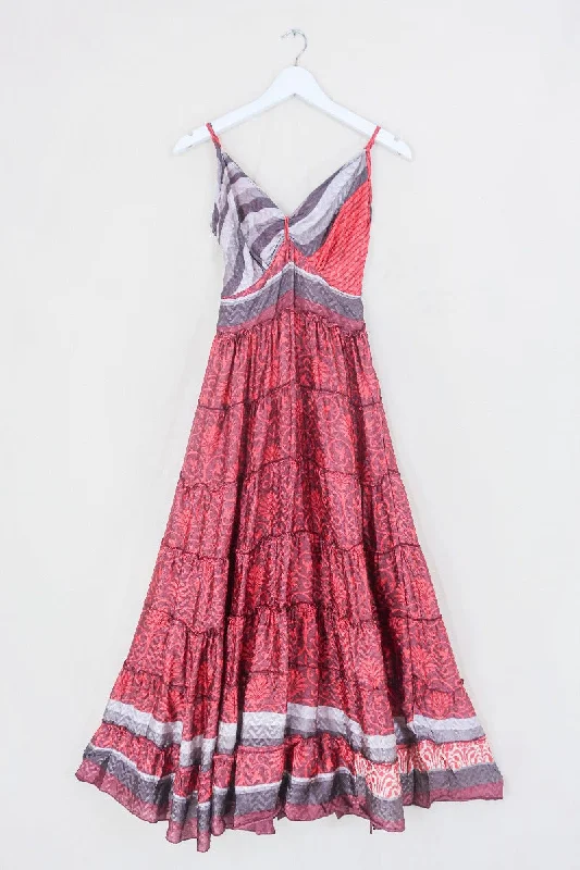 Delilah Maxi Dress - Coral & Burgundy Baroque - Vintage Sari - Free Size M/L Stylish Longline Maxi Dress