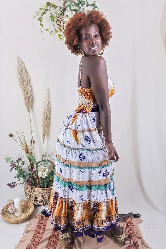 Delilah Maxi Dress - Salt White & Amber Feathers - Vintage Sari - Free Size M/L Comfortable Satin Maxi Dress