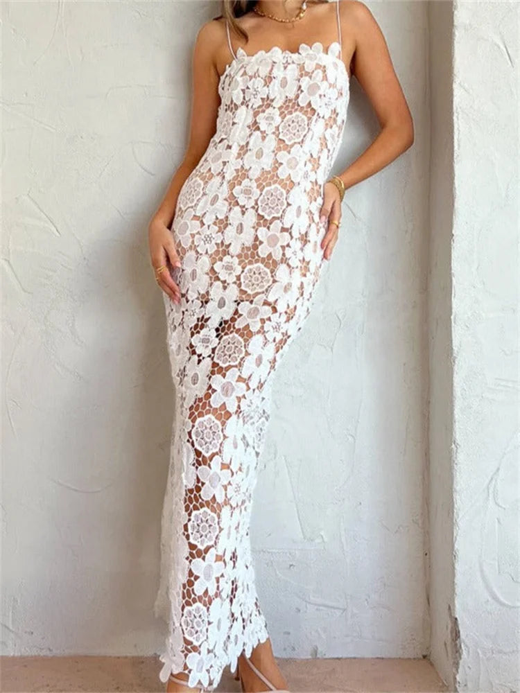 DressBetty - 2024 Elegant Lace Flower Hollow Out Sleeveless Maxi Dress Comfortable Fitted Maxi Dress DressBetty - 2024 Elegant Lace Flower Hollow Out Sleeveless Maxi Dress Comfortable Fitted Maxi Dress