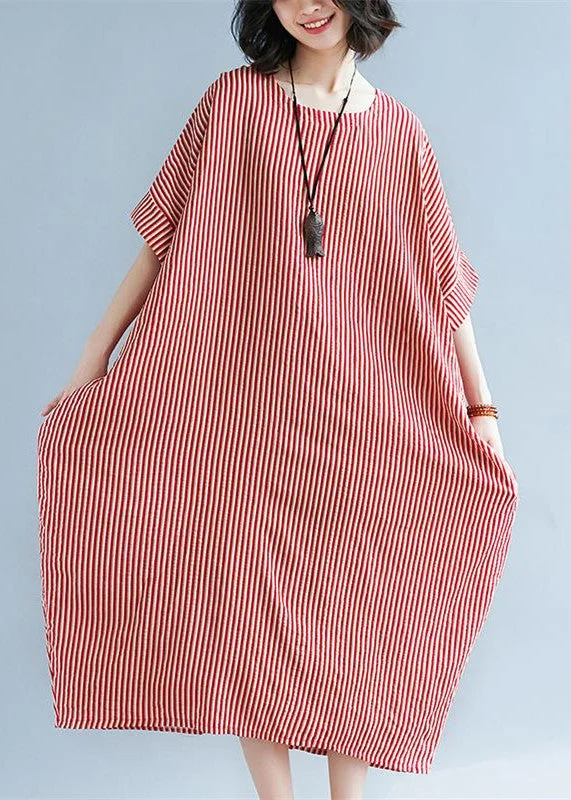 Elegant red linen maxi dress plus size O neck striped linen clothing dresses Fine baggy dresses caftans Fashionable Asymmetrical Maxi Dress