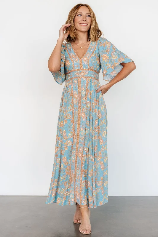 Elissa Maxi Dress | Dusty Blue Floral Trendy Satin Maxi Dress