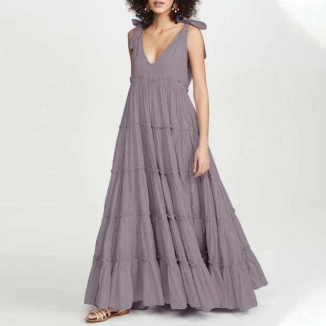 Amy Fashion - Fashion Lace Up V Neck Ruffles Sundress