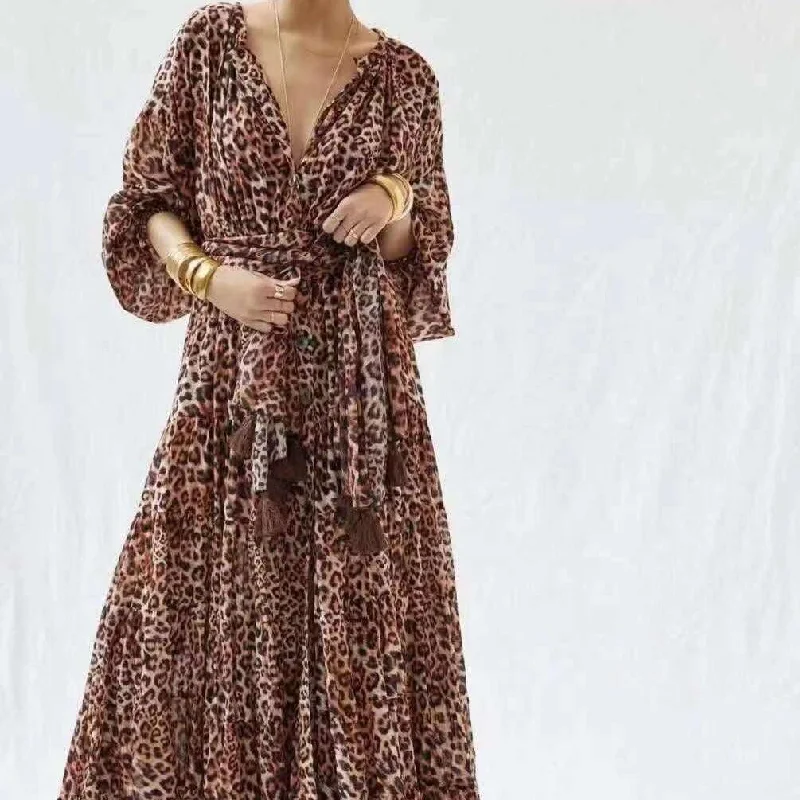 KittenAlarm - Felice Allover Leopard Print Maxi Dress Trendy Printed Maxi Dress