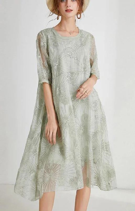 French Light Green Embroidery Chiffon Short Sleeve Summer Maxi Dresses Trendy Maxi Dress with Bow