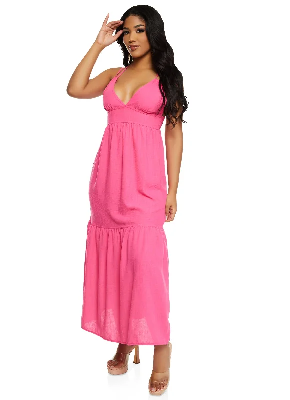 Haute Monde Linen Plunge Tiered Maxi Dress Stylish One-Shoulder Maxi Dress