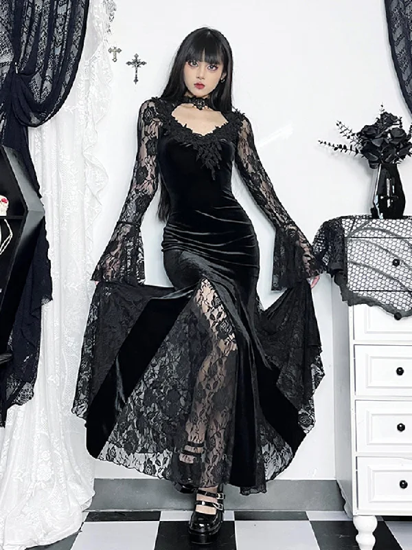 Gothic Long Sleeve Lace Ruched Fishtail Bodycon Mermaid Cocktail Maxi Dress Cozy Wrap Maxi Dress