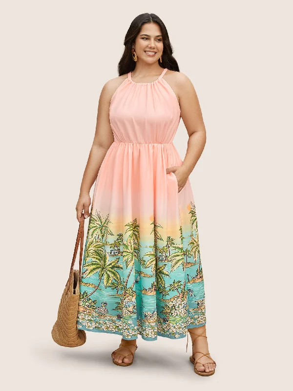 Halter Neck Tropical Print Gathered Pocket Dress
