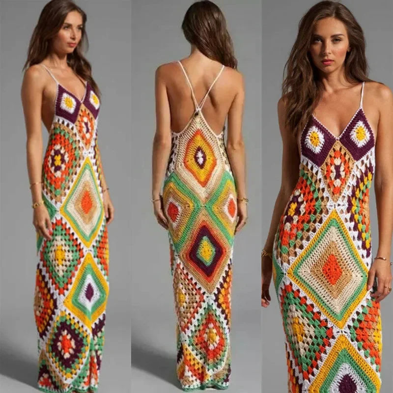 Hand Crocheted Boho Beach Maxi Dress Fashionable Halter Neck Maxi Dress