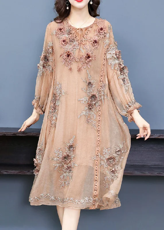 Handmade Apricot V Neck Embroideried Floral Silk Maxi Dress Long Sleeve Comfortable Bohemian Maxi Dress