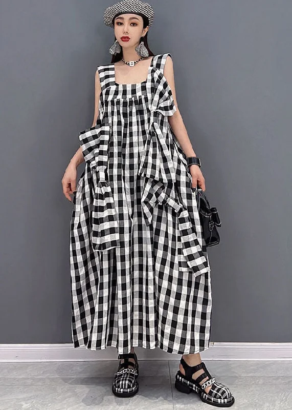 Handmade Asymmetrical Plaid Linen Loose Holiday Strap Dress Summer