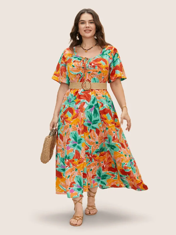 Heart Neckline Floral Drawstring Maxi Dress Trendy Ruffled Maxi Dress